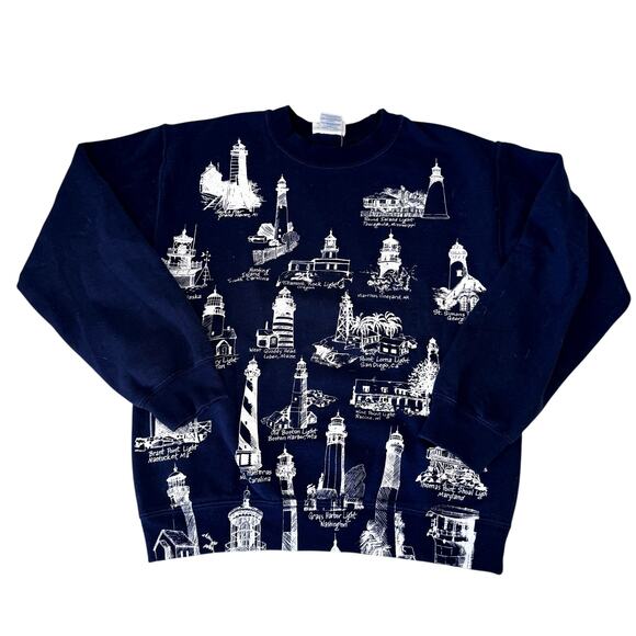 Marushka Tops - Vintage Marushka Handprints Navy Unisex Lighthouse Sweatshirt Size Small